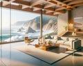 Designer Luxury Oceanfront Property Vintage Retro Mid-Century Modern Home House interior Living Room Scenic Ocean AI Generated Royalty Free Stock Photo