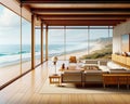 Designer Luxury Oceanfront Property Vintage Retro Mid-Century Modern Home House interior Living Room Scenic Ocean AI Generated Royalty Free Stock Photo