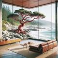 Designer Luxury Oceanfront Property Vintage Retro Mid-Century Modern Home House interior Living Room Scenic Ocean AI Generated Royalty Free Stock Photo