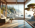 Designer Luxury Oceanfront Property Vintage Retro Mid-Century Modern Home House interior Living Room Scenic Ocean AI Generated Royalty Free Stock Photo