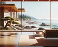 Designer Luxury Oceanfront Property Vintage Retro Mid-Century Modern Home House interior Living Room Scenic Ocean AI Generated Royalty Free Stock Photo