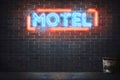 For designer a neon sign glows with a blue and red light against a brick wall with a trash can nearby. 80s