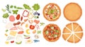 Designer for pizza. Design pizza set. Making pizza. Pizza items collection. Cartoon drawing for children. Cooking. Fast