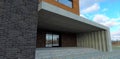 Designer porch made of concrete of an advanced modern building built in a minimalist style. Massive concrete canopy and graceful