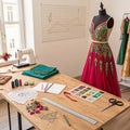 A designer's workspace showcasing a vibrant red gown, sewing machine, fabrics, and design tools Royalty Free Stock Photo
