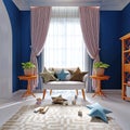 Designer sofa with pillows and decor near the window in the children`s room. Curtains, tables with a flowerpot