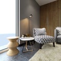 Designer soft armchair in loft style with two creative side tables with decor and floor lamp, patterned fabric