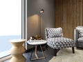 Designer soft armchair in loft style with two creative side tables with decor and floor lamp, patterned fabric