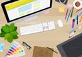 Designer table top view, creative mess, vector illustration