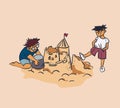 Designer and tester concept vector illustration sand castle crush, envy, criticism concept