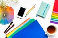 Designer tools on work table white background top view Royalty Free Stock Photo