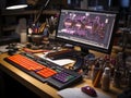 Designer tools on workstation in closeup