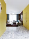 Designer white corner sofa with a fashionable armchair and a coffee table in a yellow interior