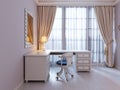 Designer white corner table by the window, with a mirror in the frame above and a chair near. Room for a teenager