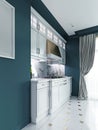 Designer white kitchen furniture in a classic style with blue walls