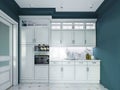 Designer white kitchen furniture in a classic style with blue walls