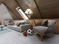 Designer white sofa, armchair and coffee table with interior decor in the attic childrens room