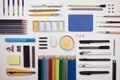 Designer work tools flat lay composition on white background. Painting, sketching, drawing activity, prepared work space. Objects Royalty Free Stock Photo