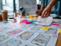 Designer working on colorful hand-drawn sketches and wireframes for mobile app interface layout during creative planning session Royalty Free Stock Photo