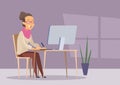 Designer working. woman artist working at PC in home workplace. Vector cartoon background Royalty Free Stock Photo