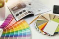 designer workplace - interior paint color and furniture samples Royalty Free Stock Photo