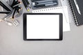 Designer workplace, tablet, notebook, various drawing tools on g Royalty Free Stock Photo