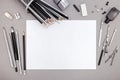 Designer workspace with blank paper, pencils and various drawing Royalty Free Stock Photo