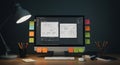 Designer Workspace with Computer Screen Showing Wireframes and Sticky Notes