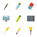 Designer workspace icons set, flat style