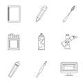 Designer workspace icons set, outline style