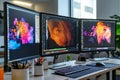 A designer workstation showcases three monitors displaying colorful and dynamic creative projects in an open and bright