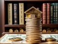 Designing the construction of a house. The building is on coins, on the table, in the office.