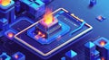 Designing an isometric landing page with adaptable interfaces. UI/UX parts, mobile phone layouts, login and security