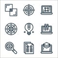designing line icons. linear set. quality vector line set such as laptop, medical report, research, laptop, light bulb, aim,