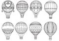 8 designs of hot air balloon for printing, engraving, laser cutting, paper cutting or coloring page. Vector illustration