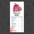Designt template drink menu. Layout flyer of juice and coctail. Watercolor decor. Vector