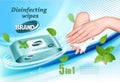 Desinfecting wet wipes ad template, female hands using wet wipe to desinfecting cleance.