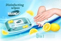 Desinfecting wet wipes with scent of limon ad template, female hands using wet wipe to desinfecting