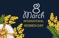 Desing for March 8 International Women`s Day with Mimosa and gift box with gold bow. Background with spring flowers. Vector