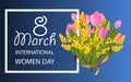 Desing for March 8 International Women`s Day with Mimosa and Tulip bouquet. Background with spring flowers. Vector