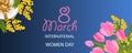Desing for March 8 International Women`s Day with Mimosa and Tulip bouquet, gift box with gold bow. Banner or background with