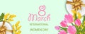 Desing for March 8 International Women`s Day with Tulip bouquet and Mimosa, gift boxes with gold bow. Light Banner or background