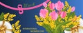 Desing for March 8 International Women`s Day with Tulip and Mimosa bouquet, gift boxes with gold bow, figure eight of the ribbon.