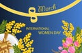 Desing for March 8 International Women`s Day with Tulip and Mimosa, gift box with gold bow, figure eight of the ribbon. Backgroun Royalty Free Stock Photo