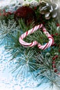 New year card, red ball with a lollipops, christmas tree branch and pine cone wallpaper on a white background , vertical Royalty Free Stock Photo