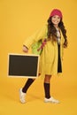 Desire for study. Here to Serve you. retro and modern school. small girl enjoy autumn. stylish schoolgirl blackboard