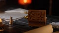 Desk with aged paper sheets and feather pen. Vintage quill pen laying on old parchment, focus on box with stamps and Royalty Free Stock Photo