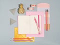 Desk of artist or creative occupied freelance girl. Royalty Free Stock Photo