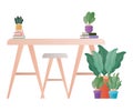 Desk with books plants and chair vector design