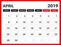 Desk calendar for APRIL2019 template, Printable calendar, Planner design template, Week starts on Sunday, Stationery design